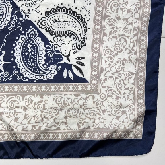 NEW Blue Ivory Paisley Floral Printed Square Silky Scarf Wrap - Picture 7 of 11